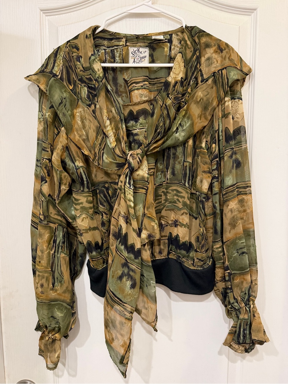 Vintage Strike A Pose M Abstract Floral Ruffle Tie Front Blouse Jacket Boho